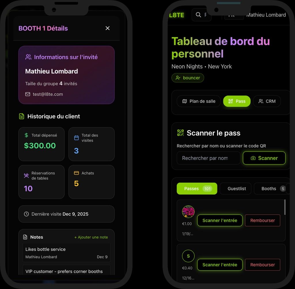 Guest booth details with customer history and staff dashboard for scanning passes