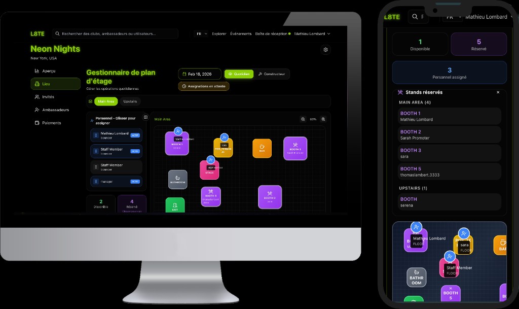Floor plan manager on desktop and mobile with staff assignments and booth status